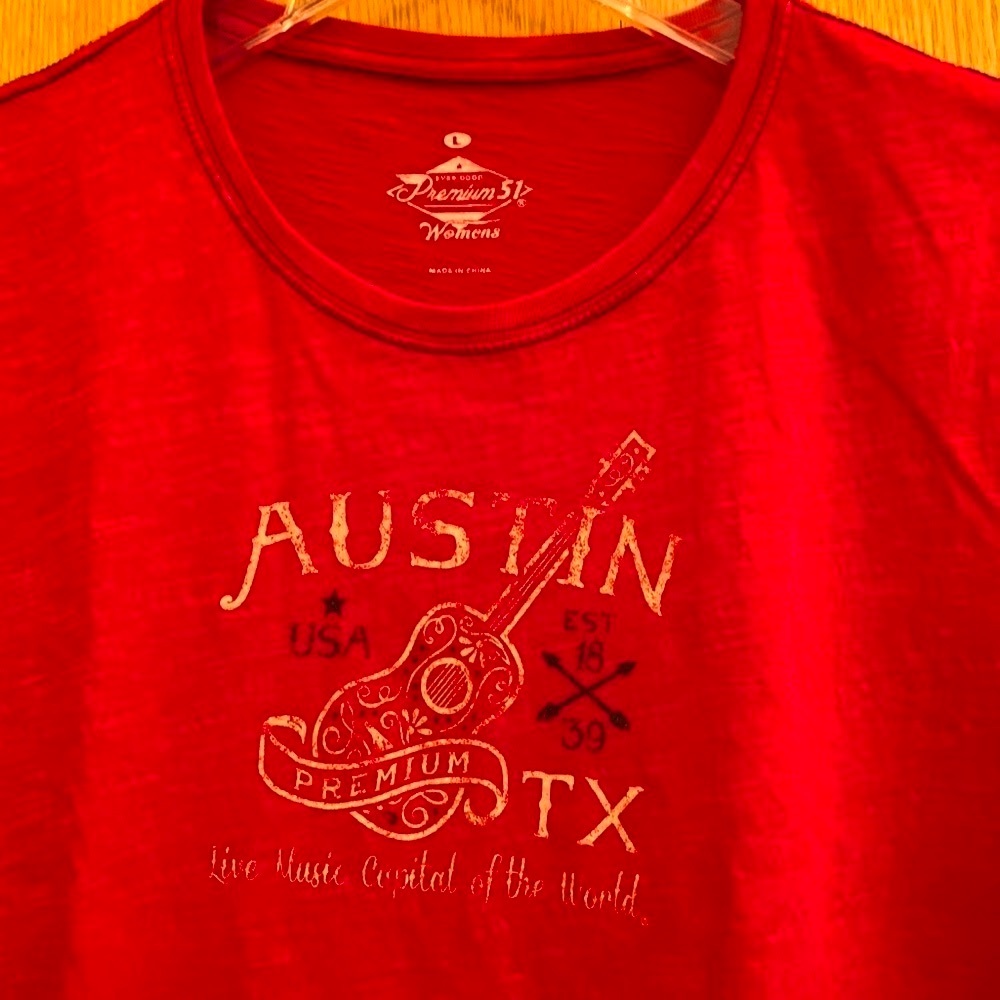 RARE Premium 51 AUSTIN TEXAS USA MUSIC CAPITAL red distressed cotton tee t shirt
